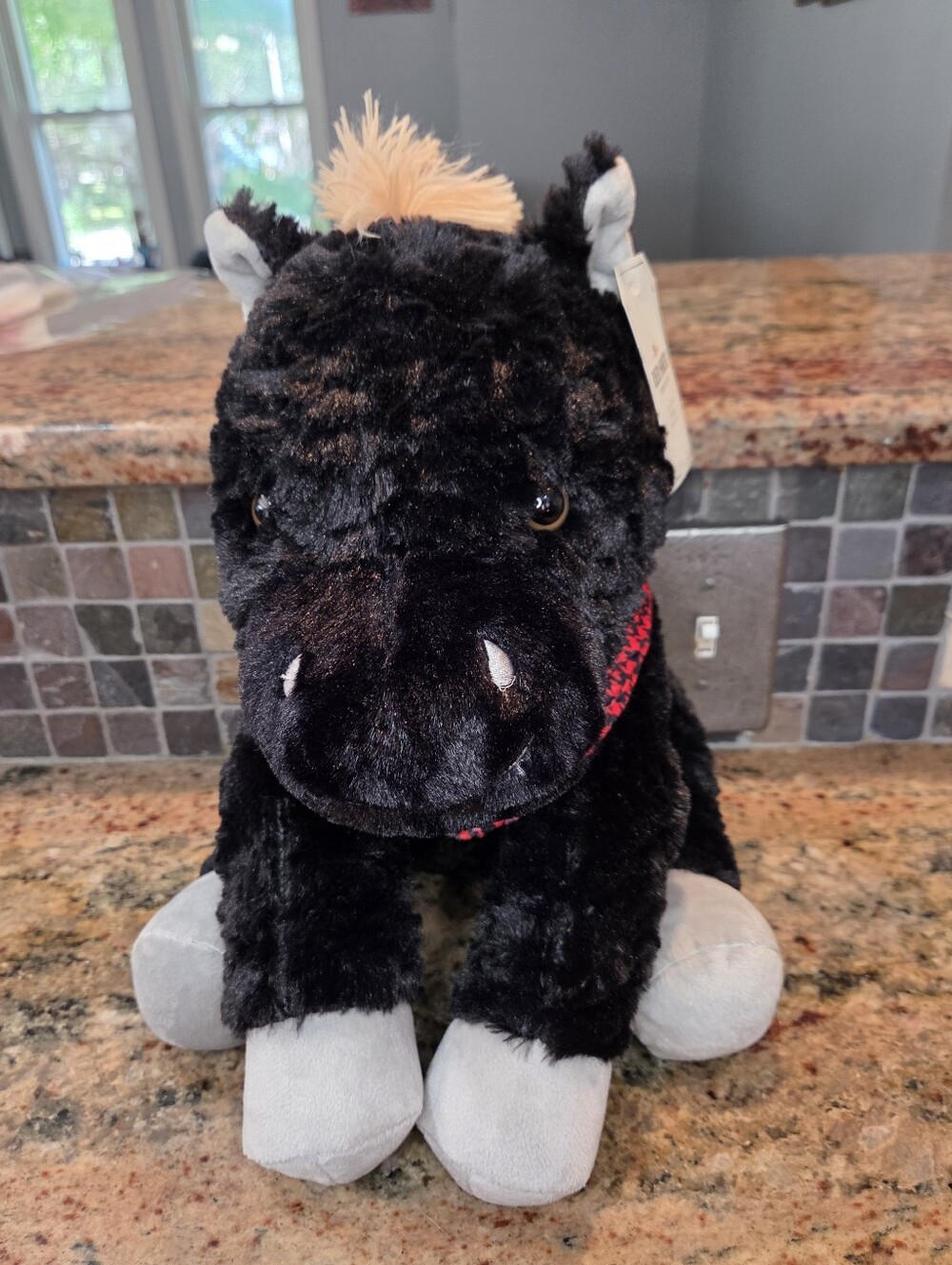 Red Shed Home &amp; Gifts Horse Pony Plush, Small Black/Tan, Red Bandana Seated